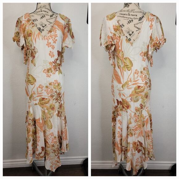 Eva Blue Vintage Y2K Asymmetrical Ruffle Floral Midi Dress Womens 12 Fairy - Picture 1 of 9